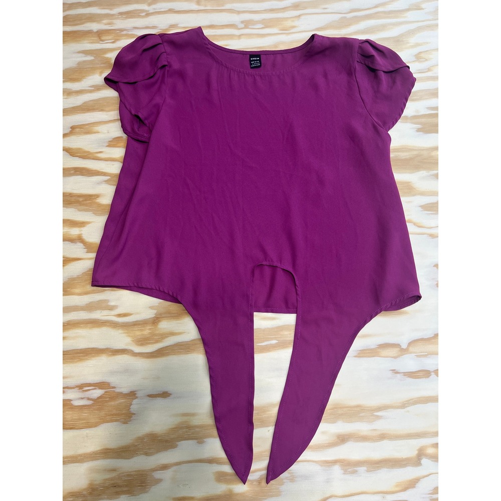 Shein Magenta Purple Petal Sleeve Front Tie Blouse Top L 8/10
